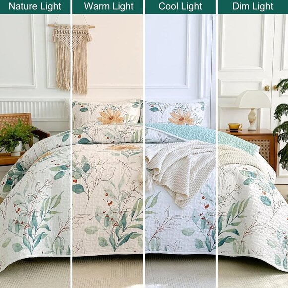 New Botanical Sage Green & Golden Leaves 3 PC Floral Quilt Set • KING Size - Picture 8 of 8